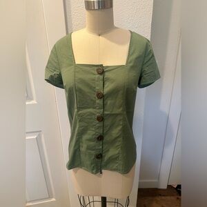 Modcloth green button-down square neck top with cap sleeves